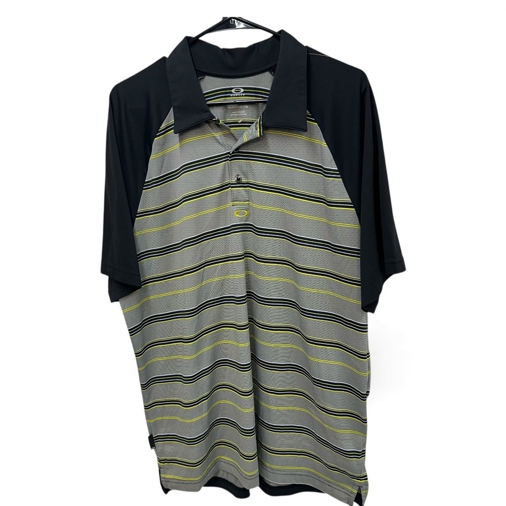 Oakley Polo Shirt‎ Mens XL Gray Yellow White Striped Short Sleeve Golf